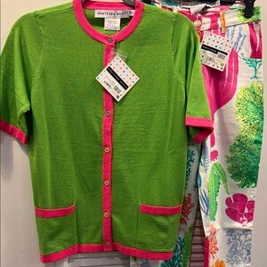 Gretchen Scott Designs Green Short Sleeve Cardigan with Pink Trim